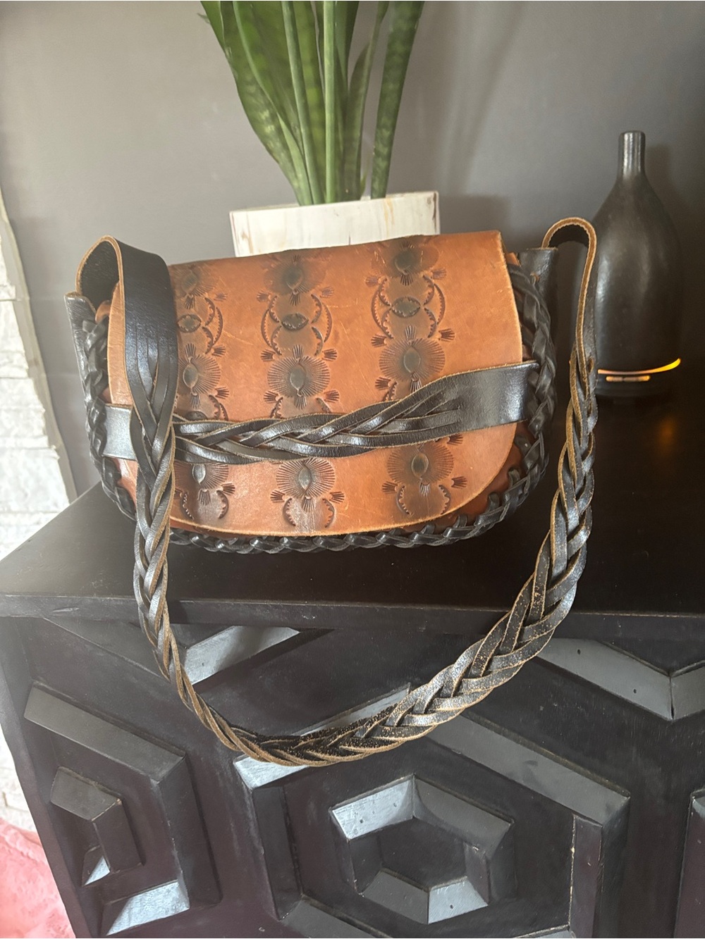 Tooled bohemian Leather  Bag in Brown and Black.